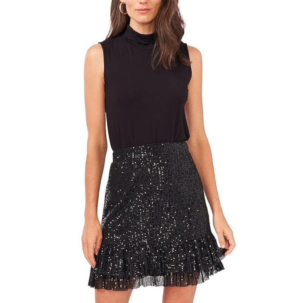 NWT Vince Camuto Women’s Sequined Ruffled Tiered Pull-On Skirt Black, Medium